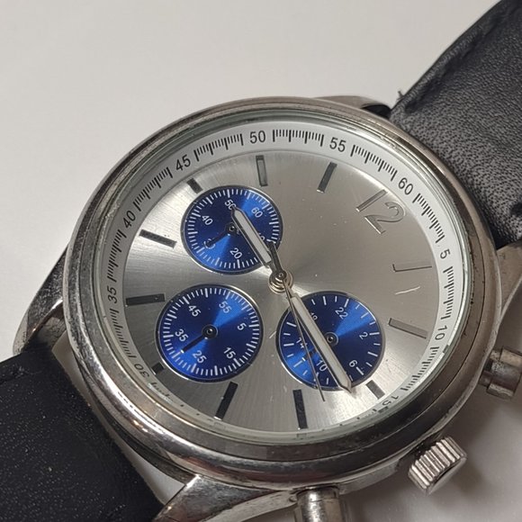 Silver Tone And Blue Watch With Leather Band - Picture 2 of 14